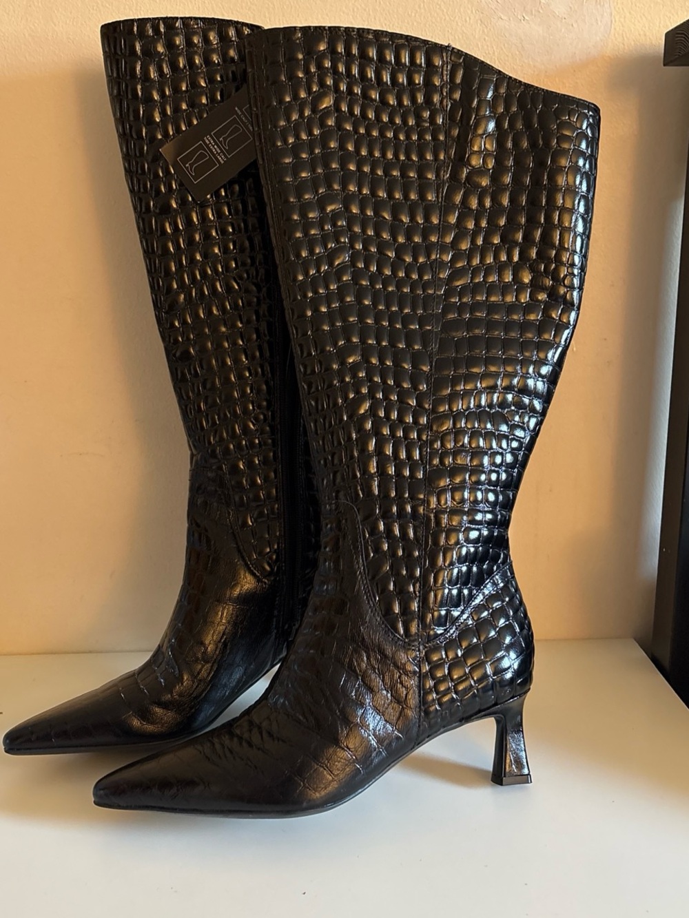 New wide calf NATURALIZER Black crocodile textured knee-high boots with pointed